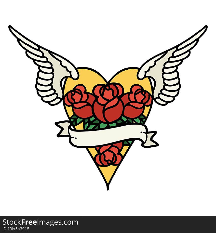 Traditional Tattoo Of A Flying Heart With Flowers And Banner