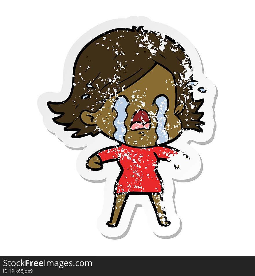 distressed sticker of a cartoon woman crying