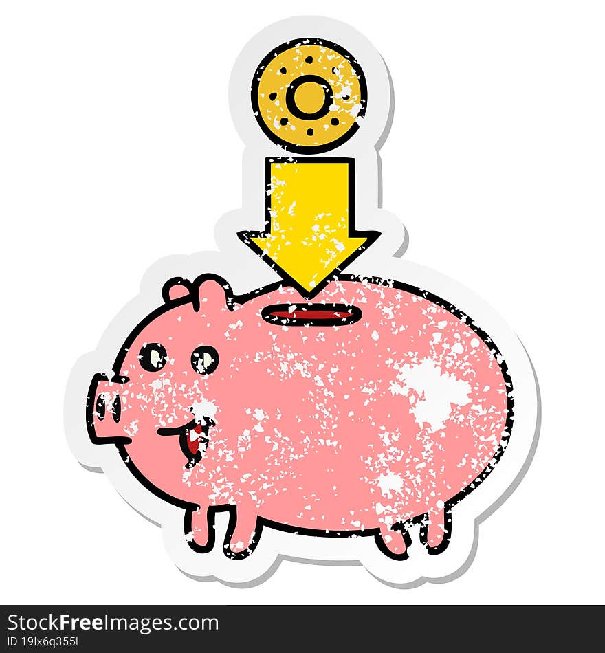 Distressed Sticker Of A Cute Cartoon Piggy Bank