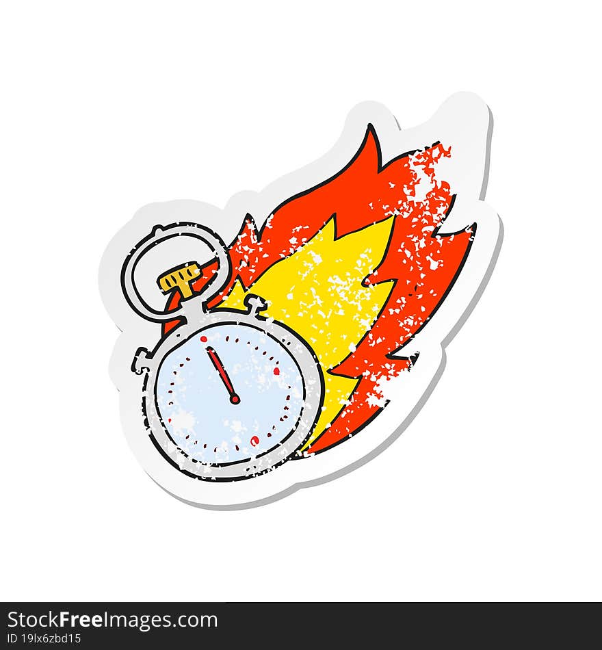 Retro Distressed Sticker Of A Cartoon Flaming Stop Watch