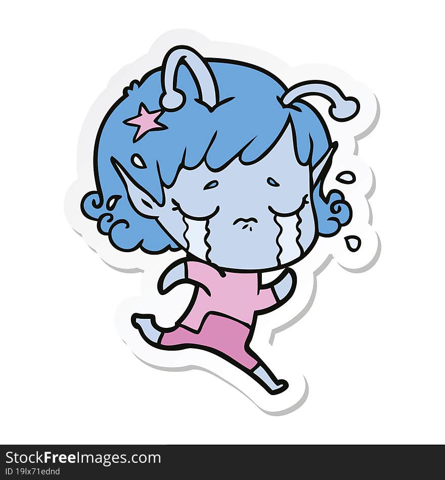 Sticker Of A Cartoon Crying Alien Girl