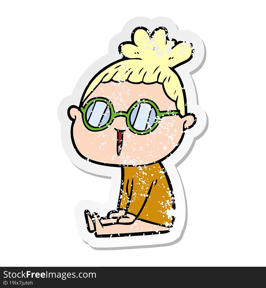 distressed sticker of a cartoon woman wearing spectacles