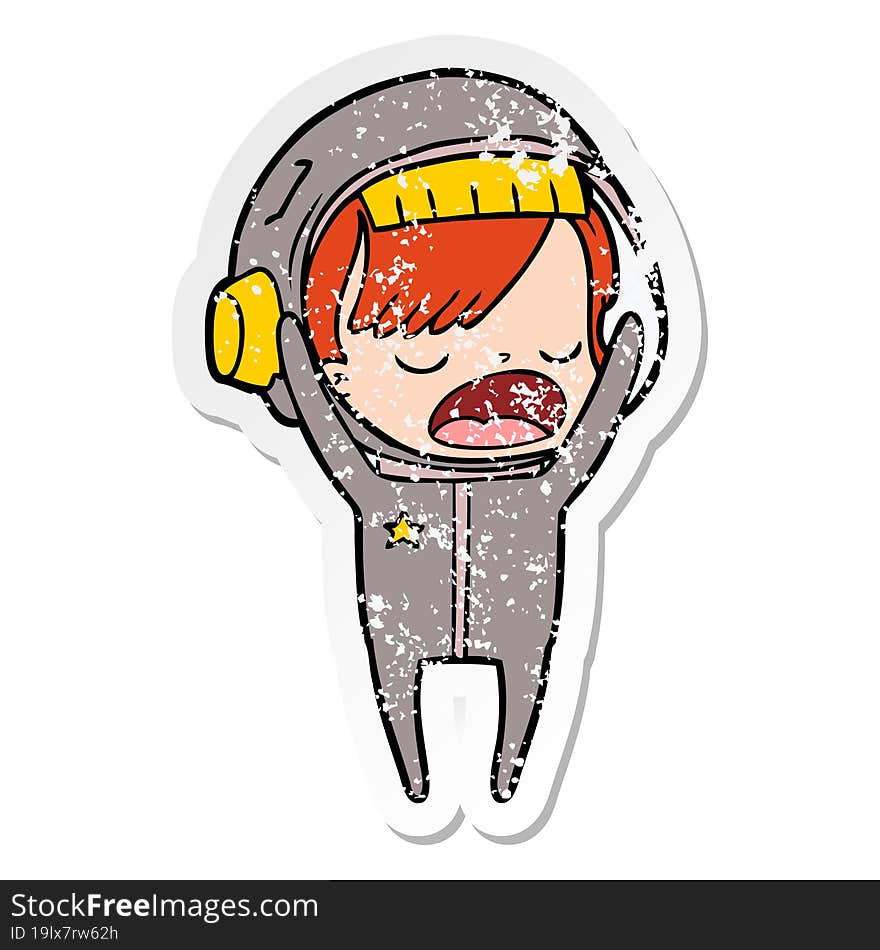 distressed sticker of a cartoon astronaut woman explaining