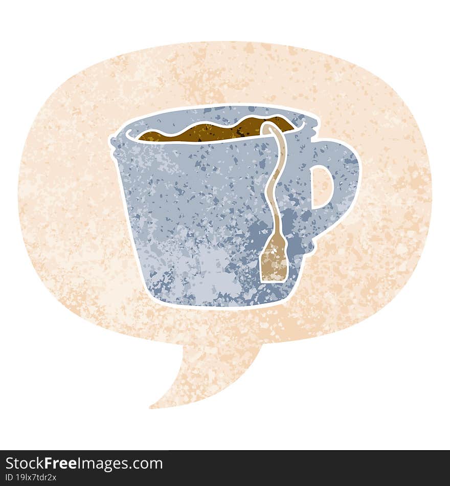 cartoon hot cup of tea and speech bubble in retro textured style