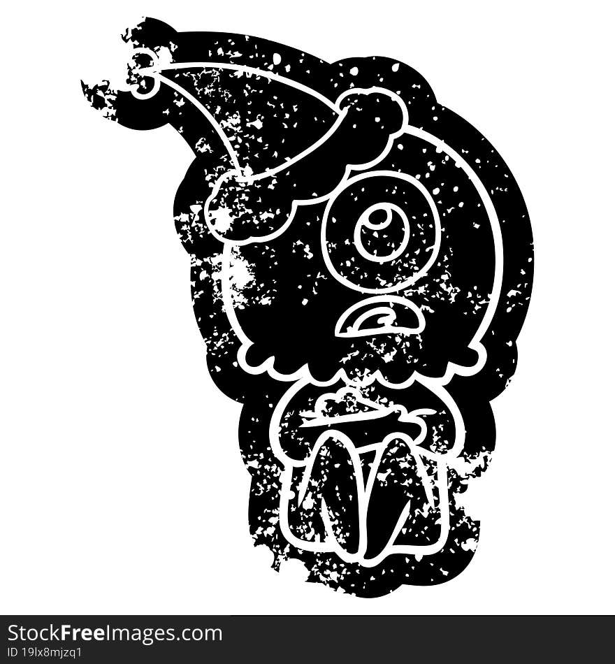 Cartoon Distressed Icon Of A Cyclops Alien Spaceman Wearing Santa Hat