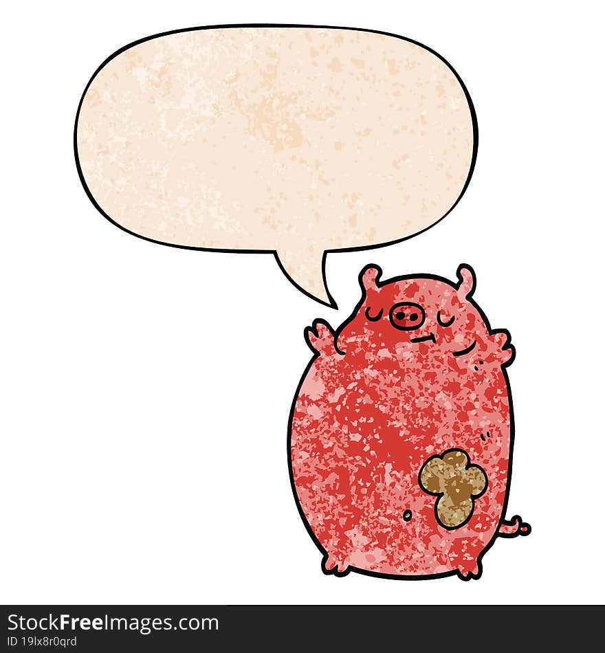 cartoon fat pig and speech bubble in retro texture style