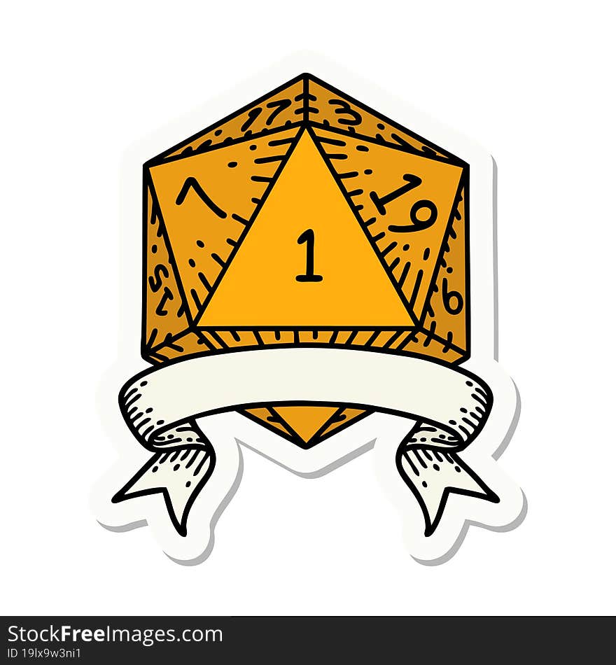 sticker of a natural one d20 dice roll. sticker of a natural one d20 dice roll