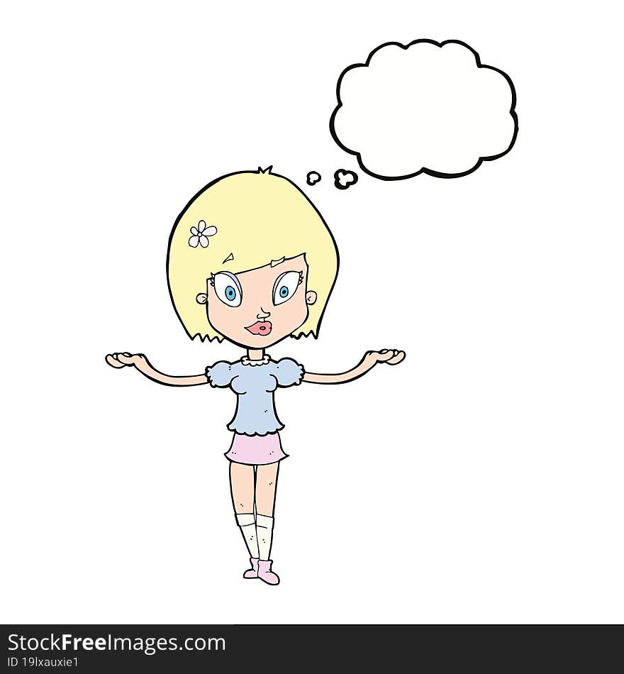 cartoon woman making balancing gesture with thought bubble