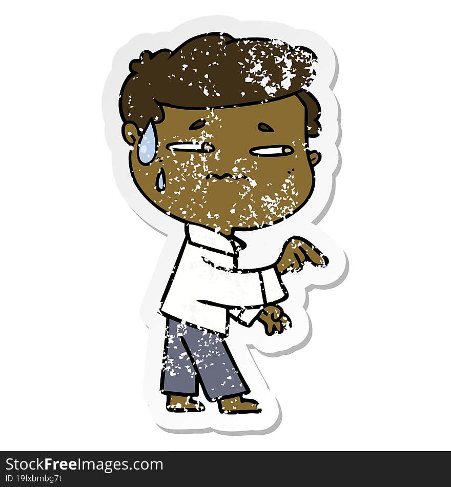 distressed sticker of a cartoon anxious man pointing