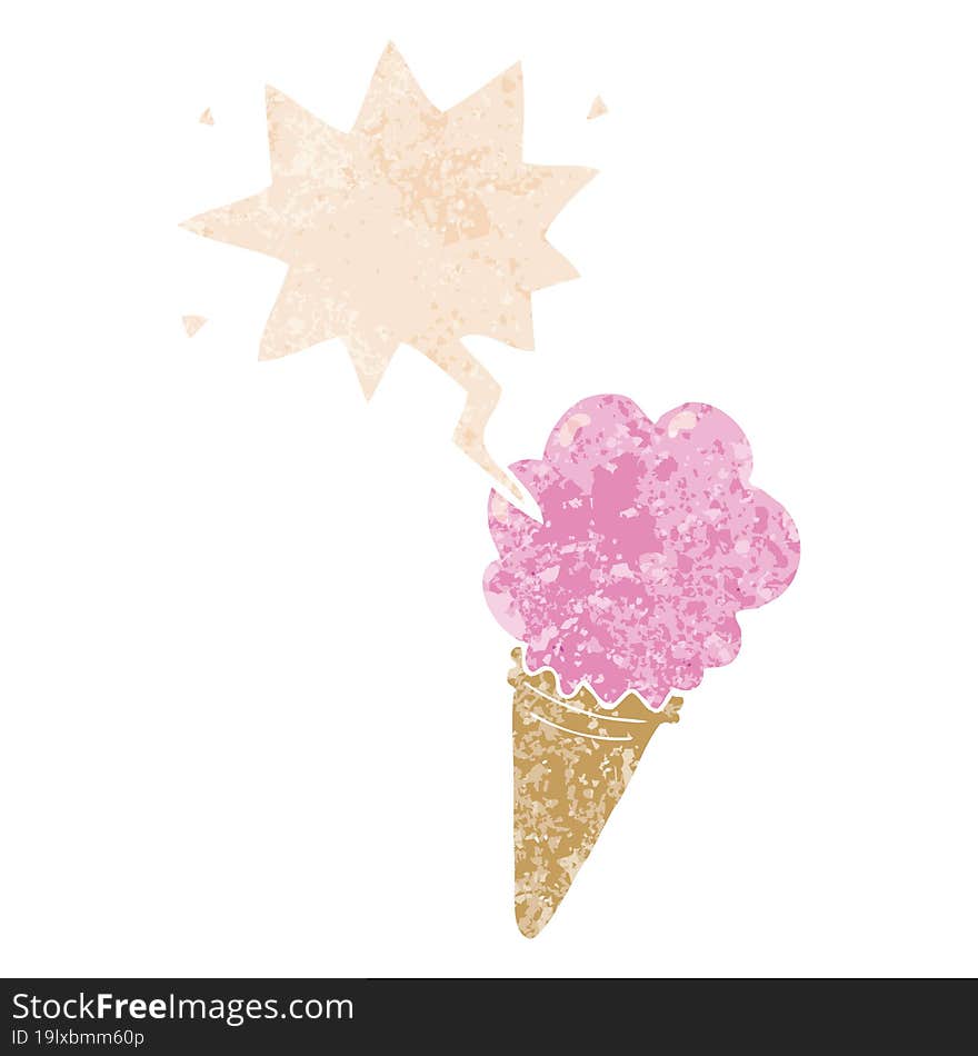 Cartoon Ice Cream And Speech Bubble In Retro Textured Style