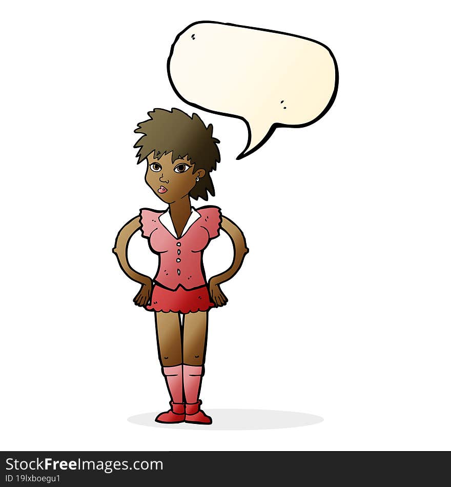 cartoon woman with hands on hips with speech bubble