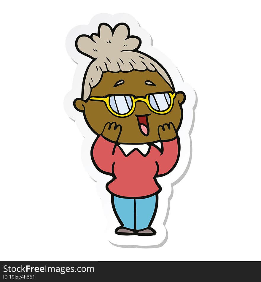 sticker of a cartoon happy woman wearing spectacles