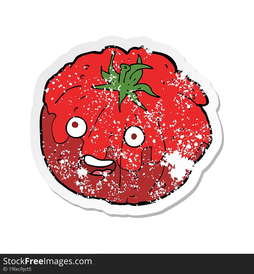 retro distressed sticker of a cartoon happy tomato