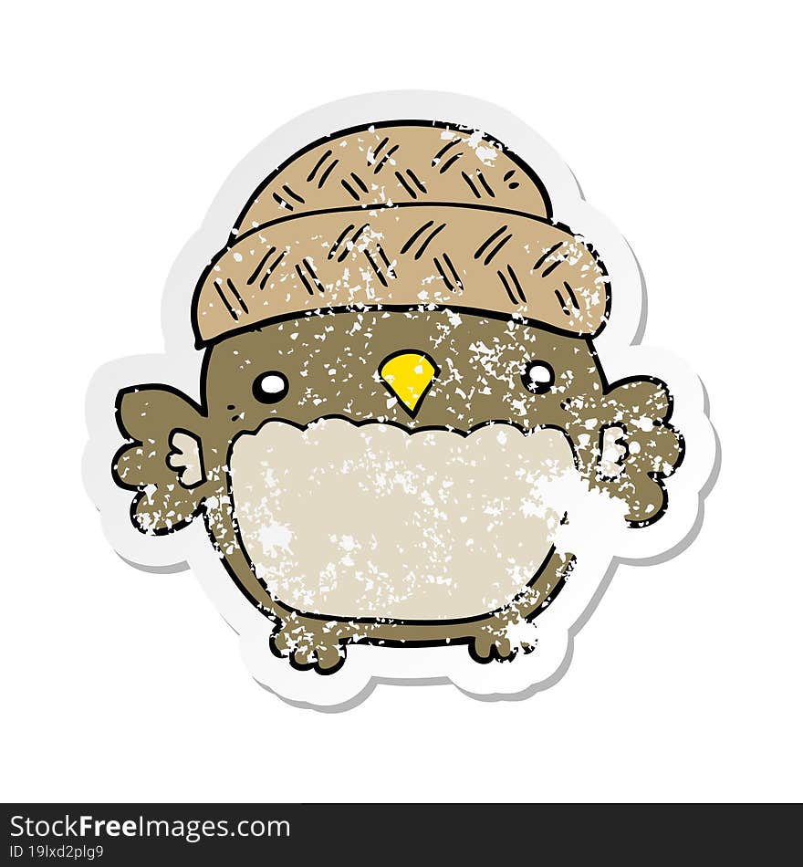 Distressed Sticker Of A Cute Cartoon Owl In Hat