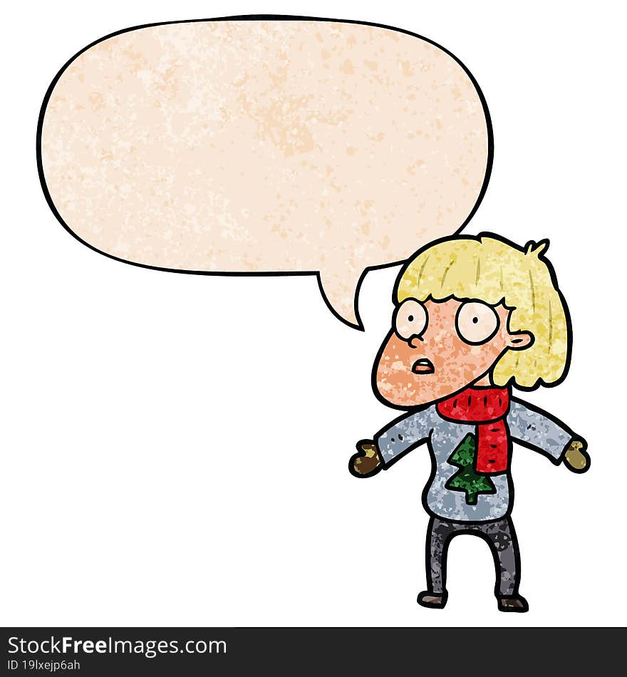 cartoon surprised christmas person and speech bubble in retro texture style