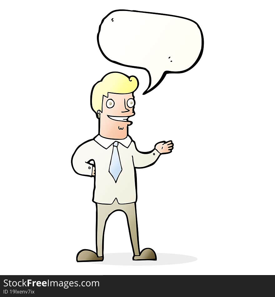 cartoon salesman with speech bubble