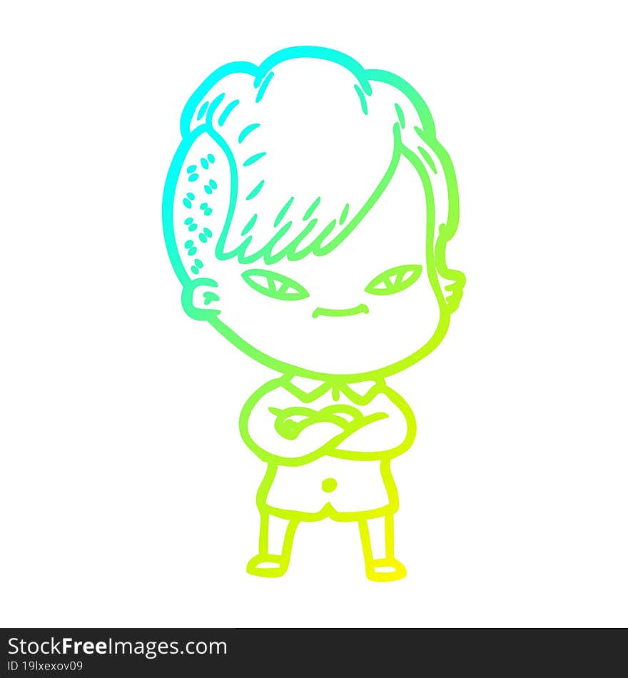 Cold Gradient Line Drawing Cute Cartoon Girl With Hipster Haircut