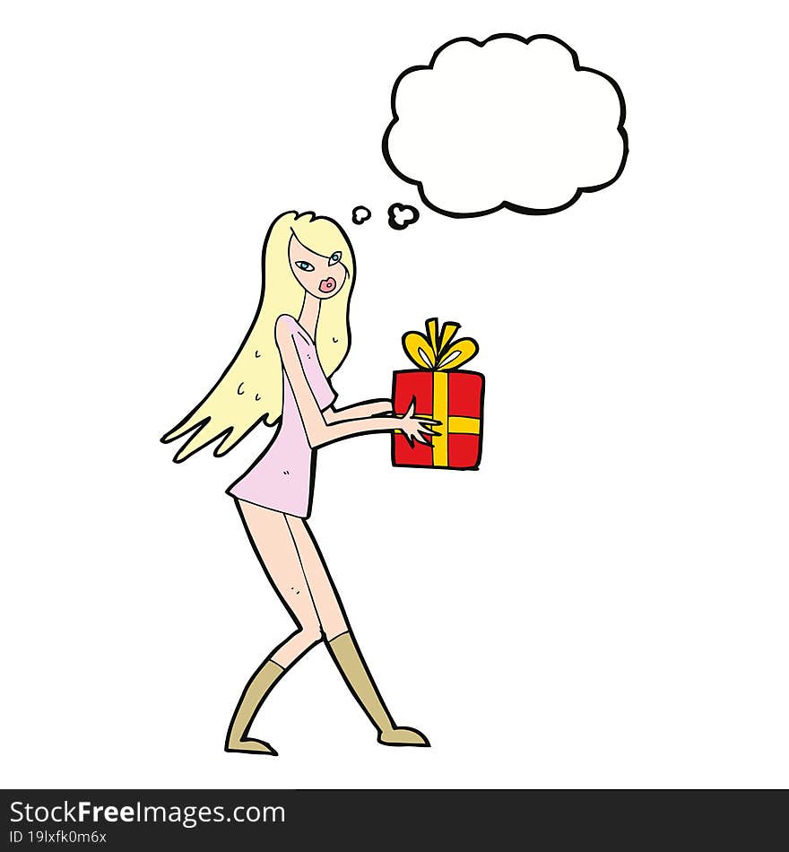 Cartoon Fashion Girl With Present With Thought Bubble