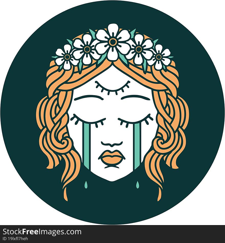 iconic tattoo style image of female face with third eye and crown of flowers cyring. iconic tattoo style image of female face with third eye and crown of flowers cyring