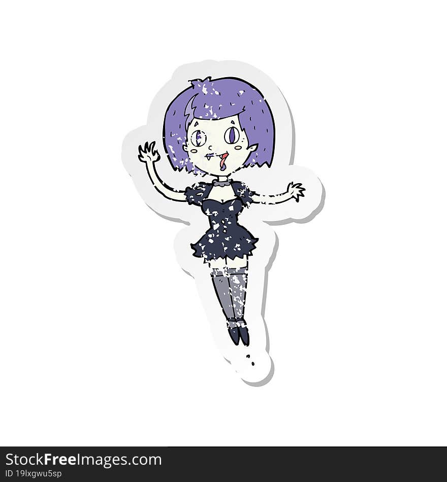 retro distressed sticker of a cartoon happy vampire girl