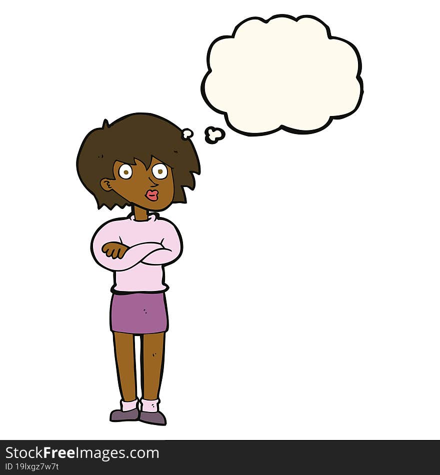 cartoon woman wit crossed arms with thought bubble