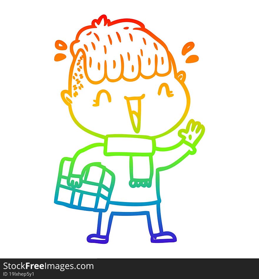 rainbow gradient line drawing of a cartoon happy boy surprised