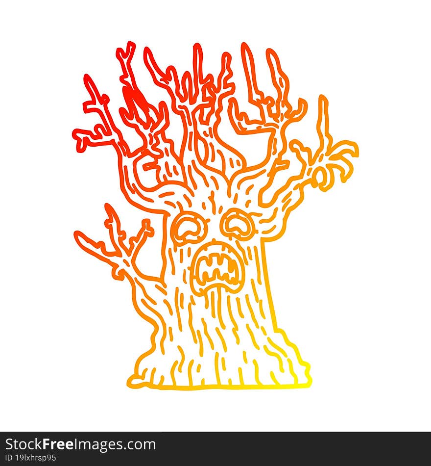 warm gradient line drawing of a cartoon spooky tree