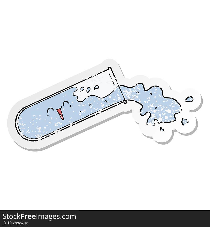 distressed sticker of a cartoon test tube spilling