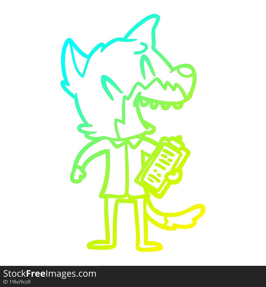 cold gradient line drawing of a laughing fox salesman