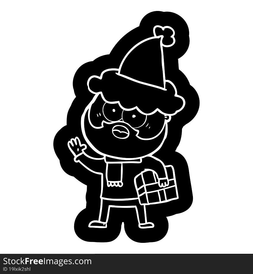 quirky cartoon icon of a bearded man with present wearing santa hat