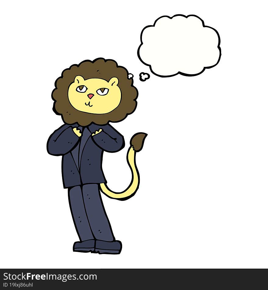 cartoon lion businessman with thought bubble