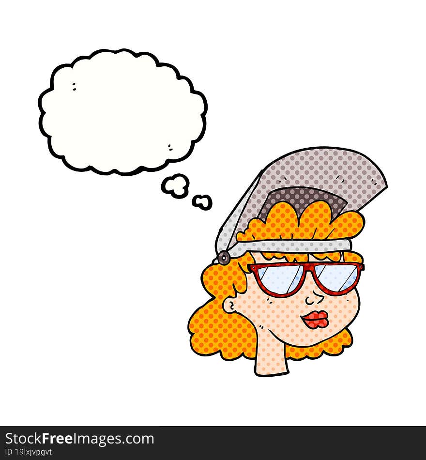 Freehand drawn thought bubble cartoon woman with welding mask and glasses