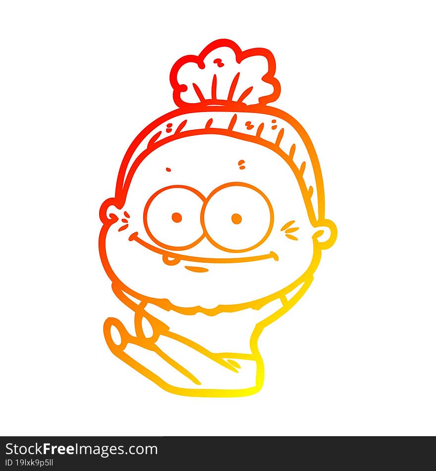 warm gradient line drawing of a cartoon happy old woman