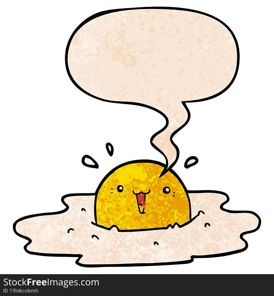 cute cartoon fried egg with speech bubble in retro texture style