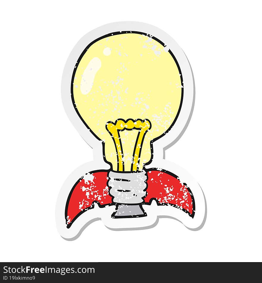 retro distressed sticker of a cartoon lightbulb rocket ship