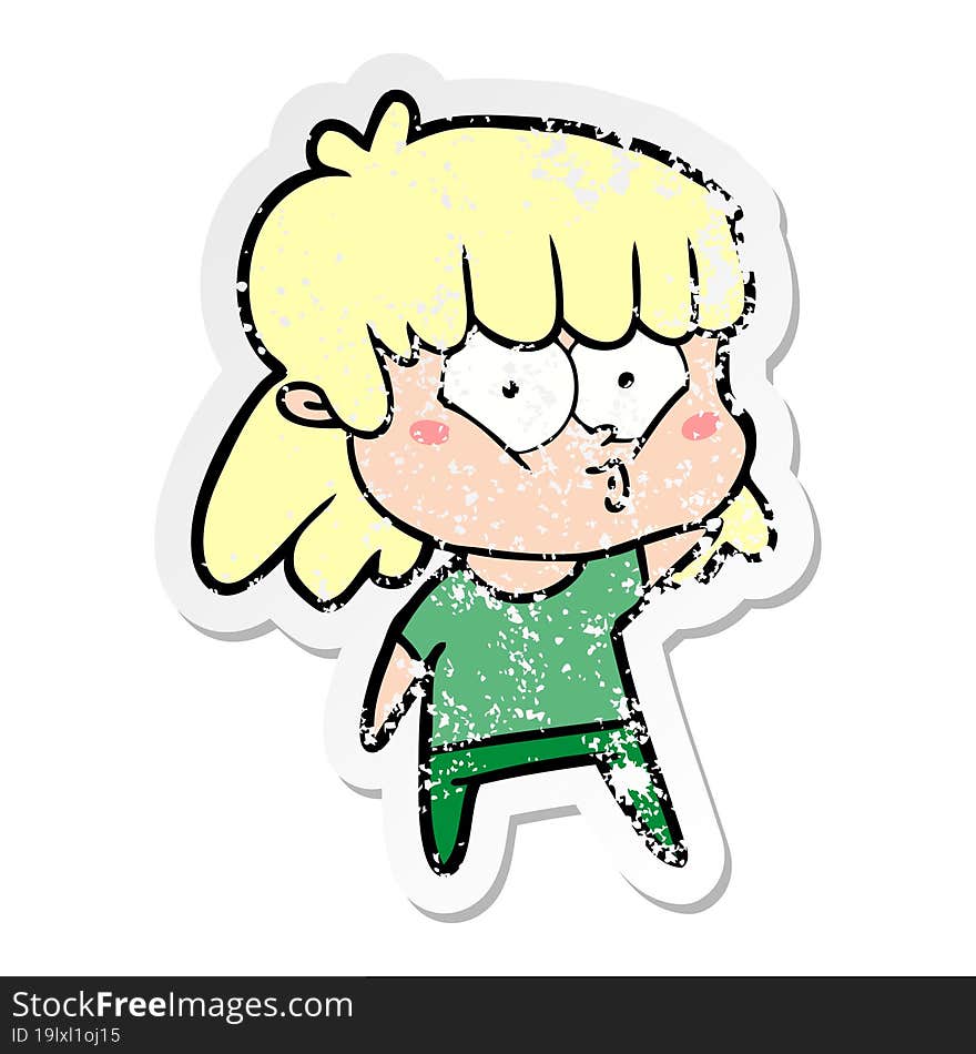 Distressed Sticker Of A Cartoon Whistling Girl