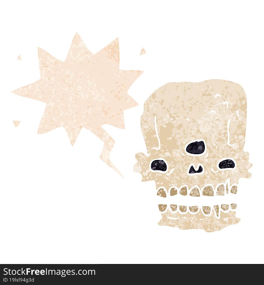 cartoon spooky skull and speech bubble in retro textured style