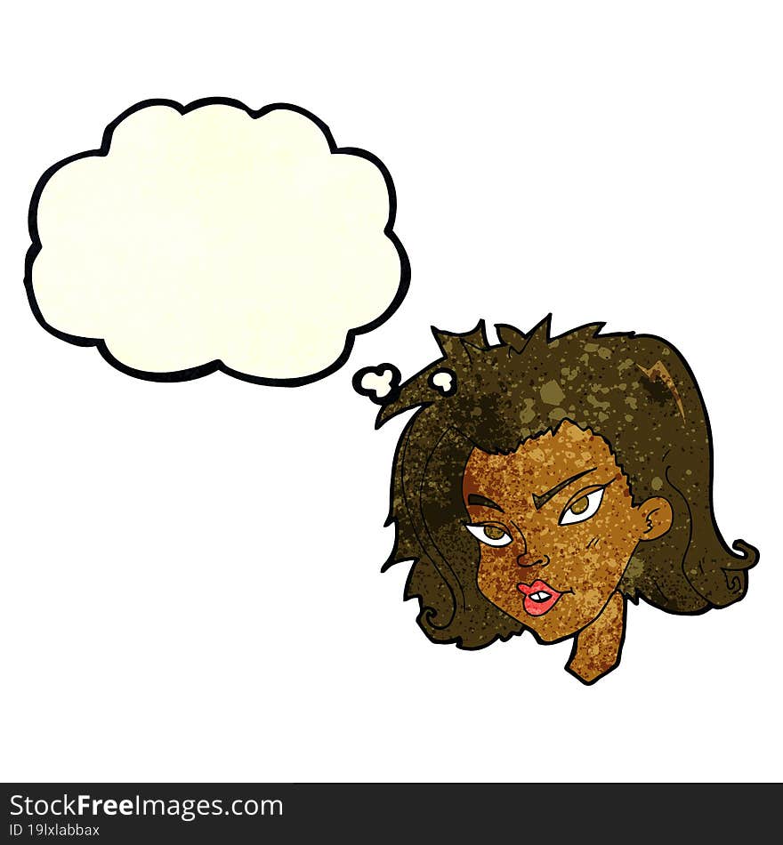 cartoon female face with thought bubble