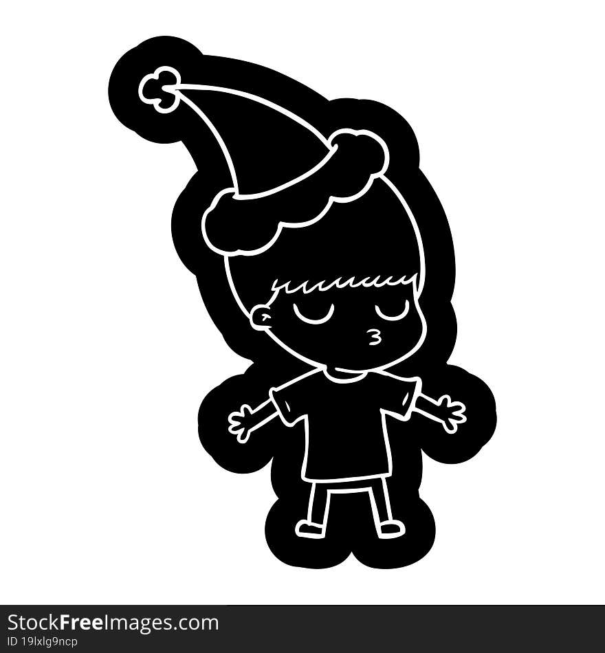 quirky cartoon icon of a calm boy wearing santa hat