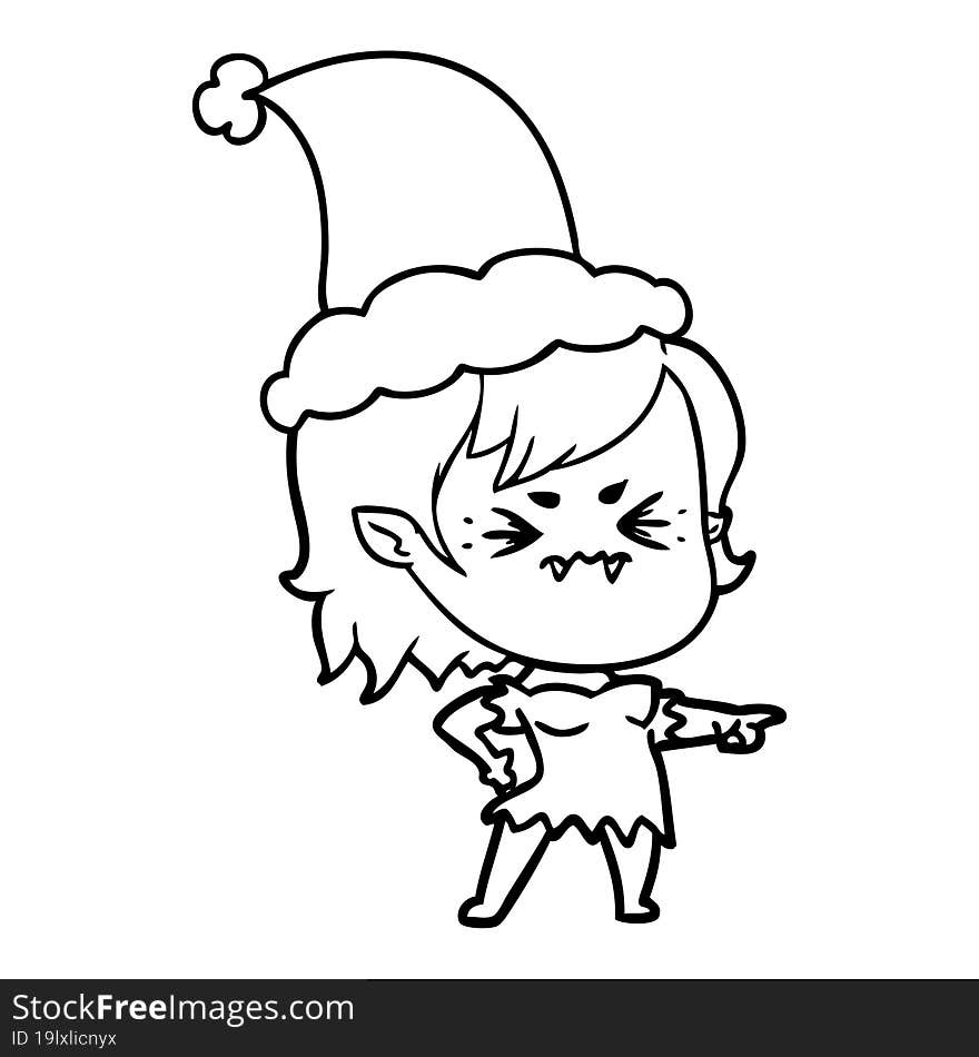 annoyed line drawing of a vampire girl wearing santa hat