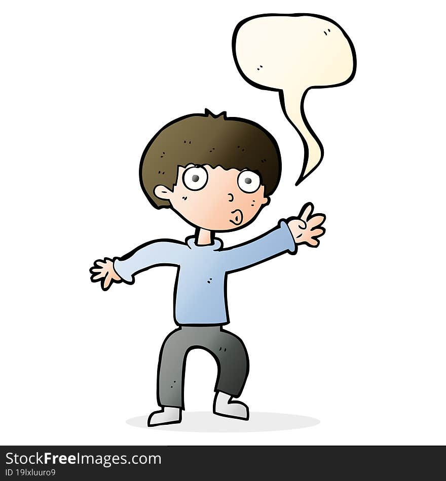 cartoon boy waving warning with speech bubble