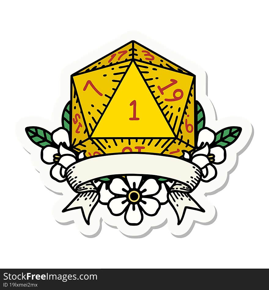 sticker of a natural one d20 dice roll. sticker of a natural one d20 dice roll