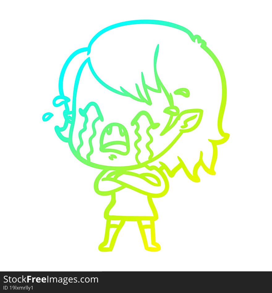 cold gradient line drawing cartoon crying vampire girl