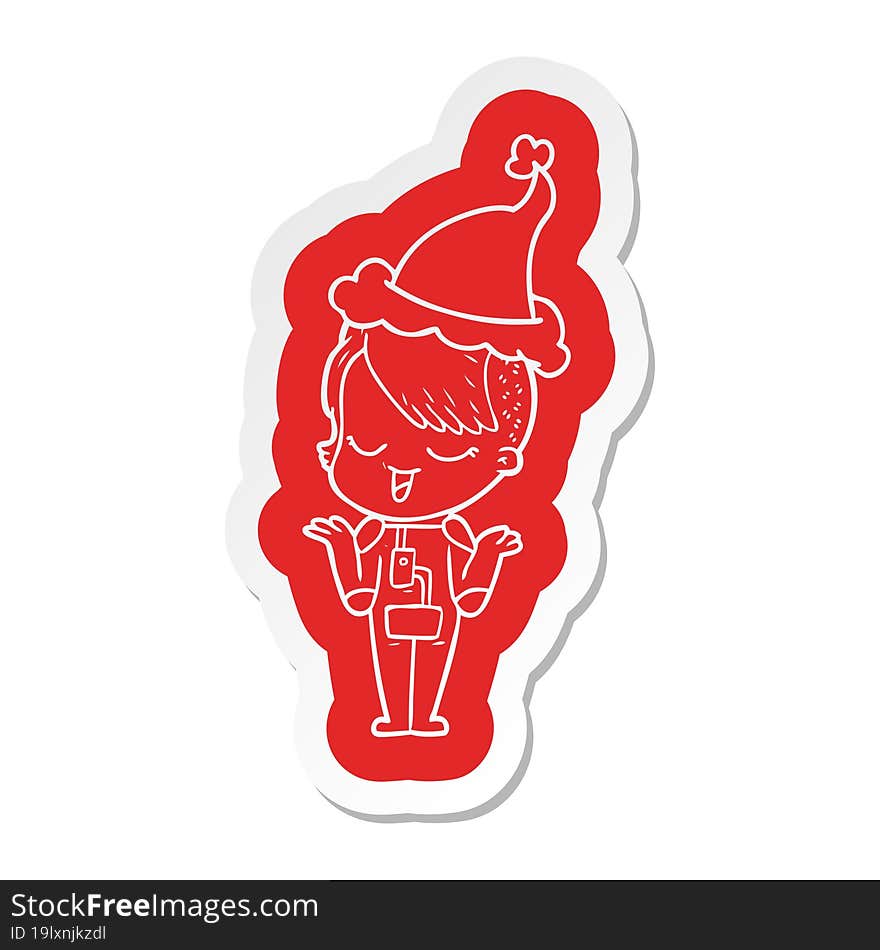 Happy Cartoon  Sticker Of A Girl In Space Suit Wearing Santa Hat