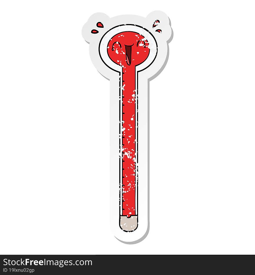 distressed sticker of a cartoon thermometer laughing