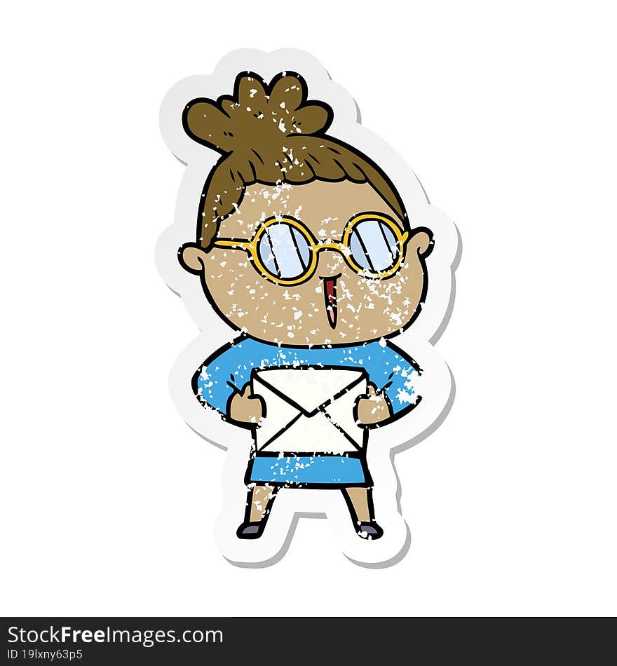 distressed sticker of a cartoon woman wearing spectacles