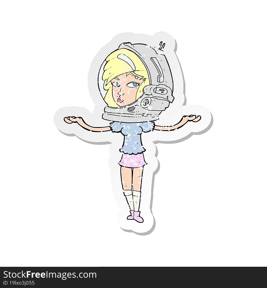 retro distressed sticker of a cartoon woman wearing space helmet