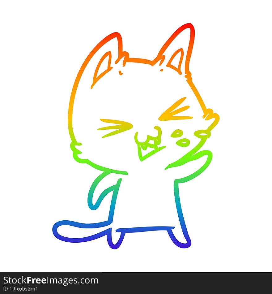 rainbow gradient line drawing of a cartoon cat hissing