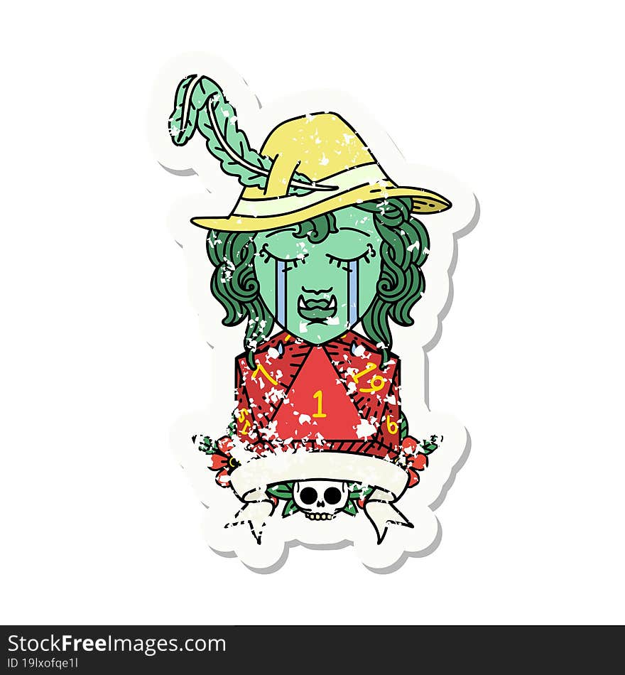 Retro Tattoo Style crying orc bard character with natural one D20 roll. Retro Tattoo Style crying orc bard character with natural one D20 roll