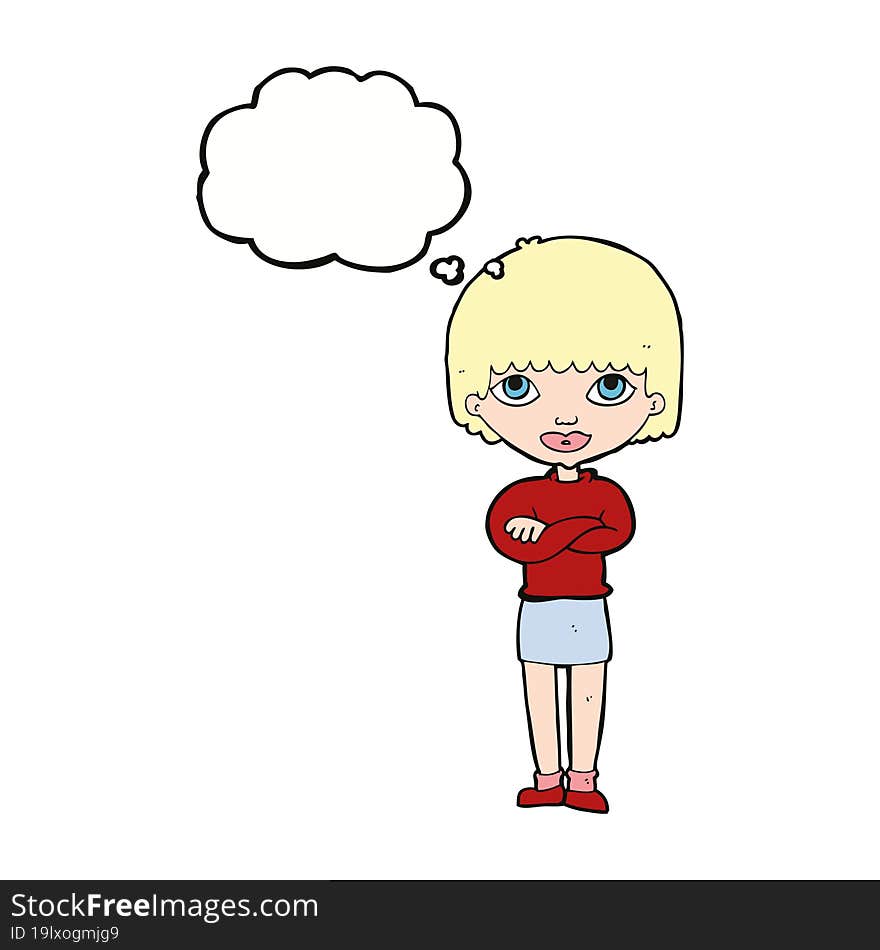 cartoon woman with folded arms with thought bubble